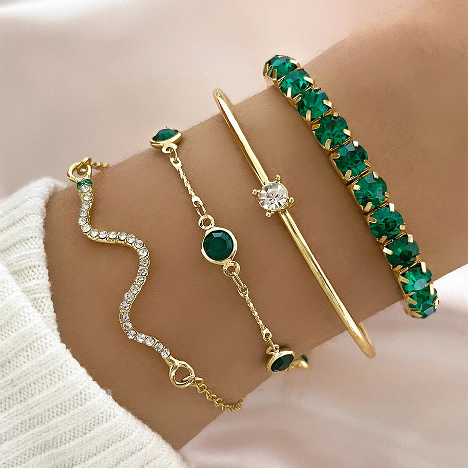 4ks/set Fashion Hadi Imitácia Gemstone Bangle Reminestone Full Metal Clacelet na narodeninovú oslavu vianočný darček pre ženy