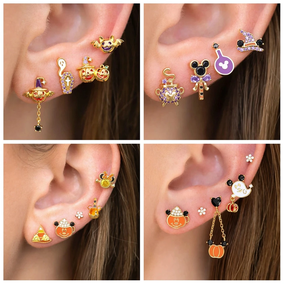 4ks/set Halloween Pumpkin Stud náušnice Zlato/strieborná farebná klenutá krištáľové dámske dievčatá Darčekové šperky