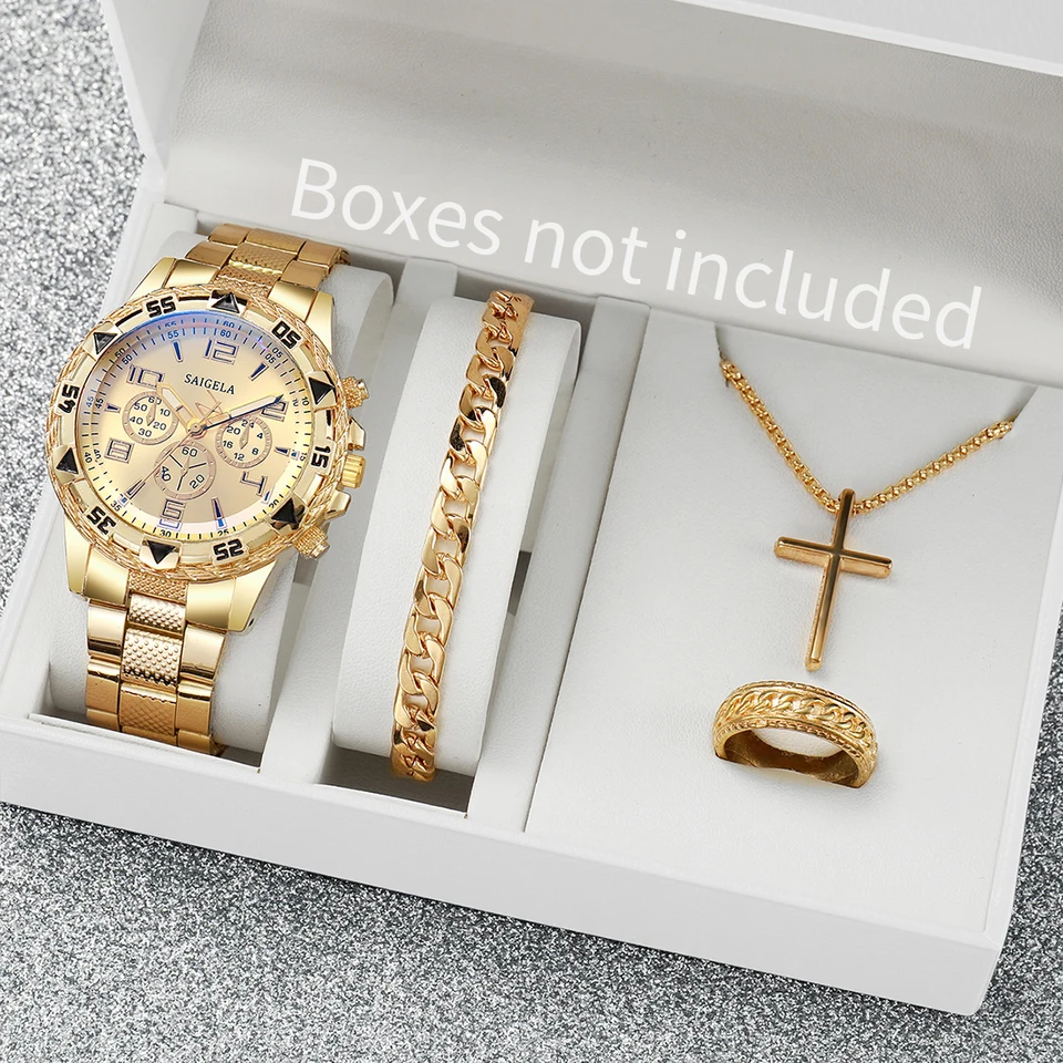 4ks/set Men's Watch Fashion Gold Steel Band Analog Male Quartz Watches Set Jewn （bez krabice）