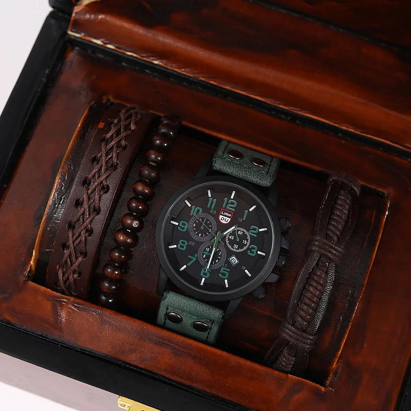 4ks set módne pánske športové hodinky Man Obchodné kremenné náramky luxusné hnedé kožené náramky Men Cascur Clock Hodinky