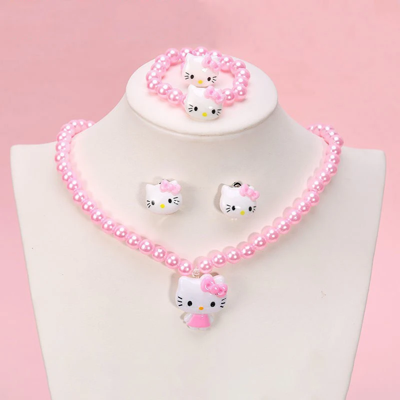 4ks/set Sanrio Cartoon Hello Kitty náhrdelník prsteň prsteň sada kawaii narodeninové darčeky pre dievčatá šperky doplnkov