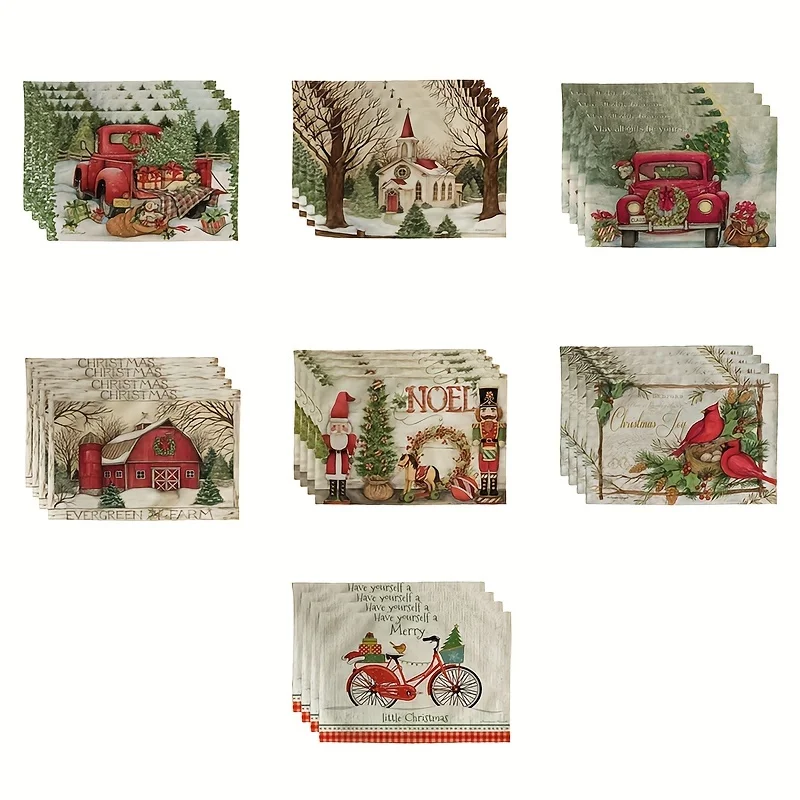 4ks vianočná téma Placemat Linen Table Pad Red Truck Tree obojstranný tlačený kuchynský prestieranie jedálenský stôl