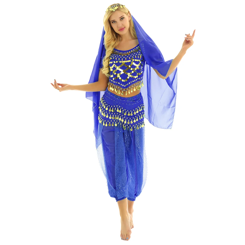 4ks Ženy Indian Belly Dance Outfit Carnival Bellywood Kostým Puff Ruckve Flitry Plodina Top s harémovými nohavicami bedra šál šatky šatky