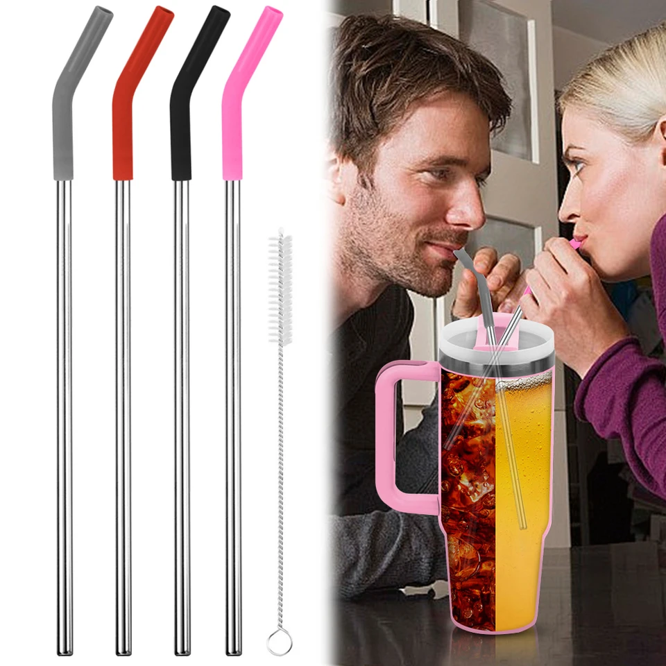 4ksová slama z nehrdzavejúcej ocele so silikónovým hrotom čistiaca kefka opakovane použiteľné kovové slamky so silikónovými hrotmi pre pohárik Stanley 40oz