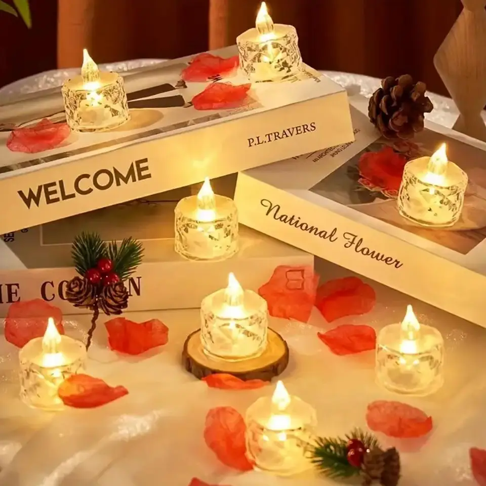 4ksové bezplatné sviečky Crystal LED sviečky Tealight batériové blikajúce svetlo Falošné sviečky pre svadby domáci výzdoba