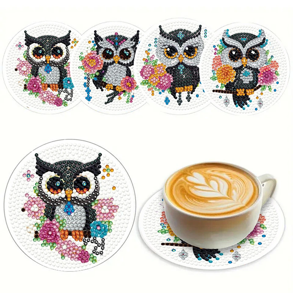 4ksové drevené mačky diamantové maľba Coasters žiariace nápojové dráhy DIY kruhová dráha diamantová bodka