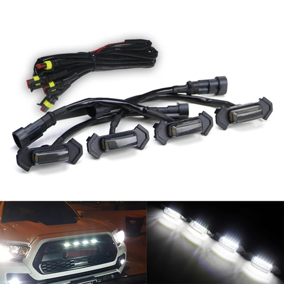 4ksové údené šošovky White LED LED Grille Light Zostavy so súpravou káblového postroja pre Toyota Tacoma 2016-2020 W/TRD PRO GRIL 12V