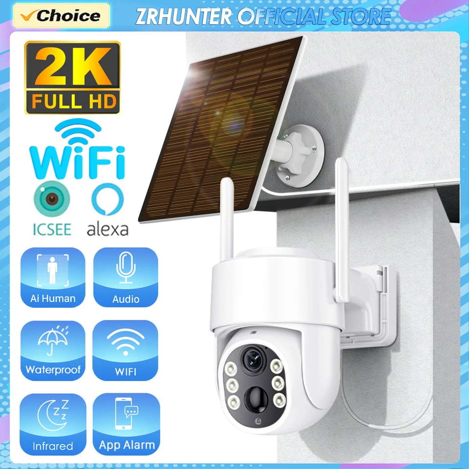 4MP 2K WiFi Solárna kamera Outdoor Wireless PIR Human Detect Sledovacia kamera Solárny panel Nabíjateľná batéria ICSEE Camera