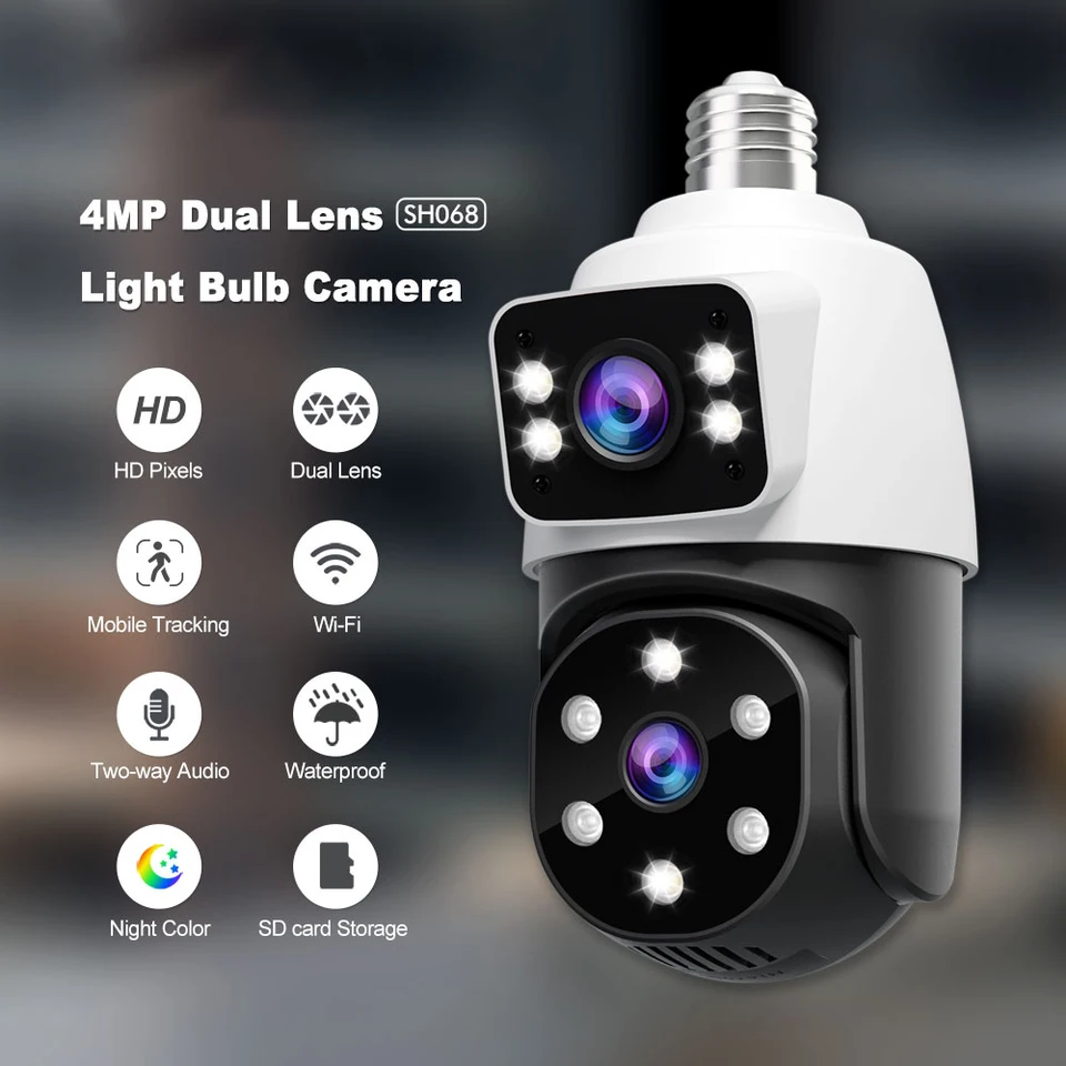 4MP žiarovka WiFi sledovanie PTZ PTZ Camera bezdrôtové 2MP dvojité videnie Nočné videnie Automatické ľudské sledovanie bezpečnostného monitora detský monitor
