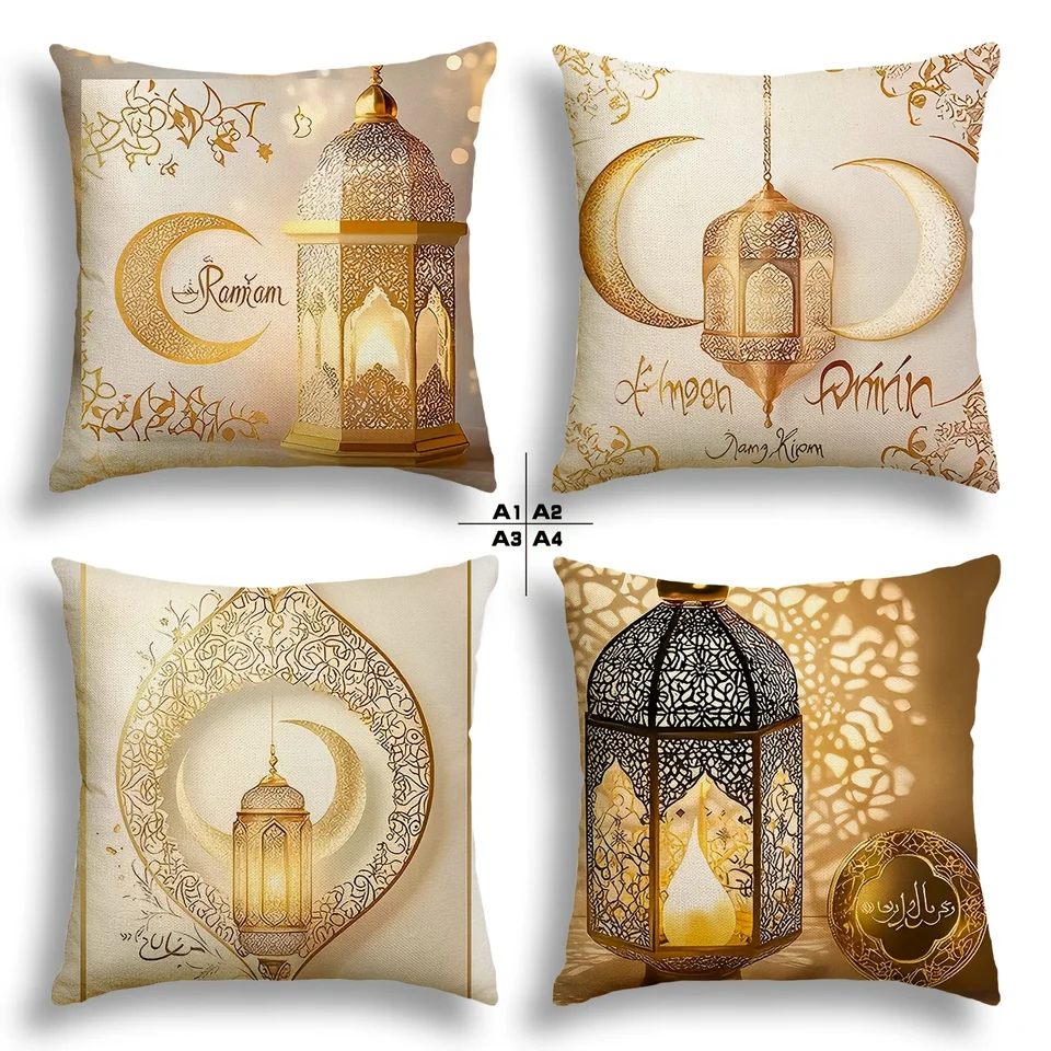4pack vankúš pokrýva Eid Mubarak Square Modern Golden Moon Lantern Tlatená dekorácie obývacia izba pohovka vankúš
