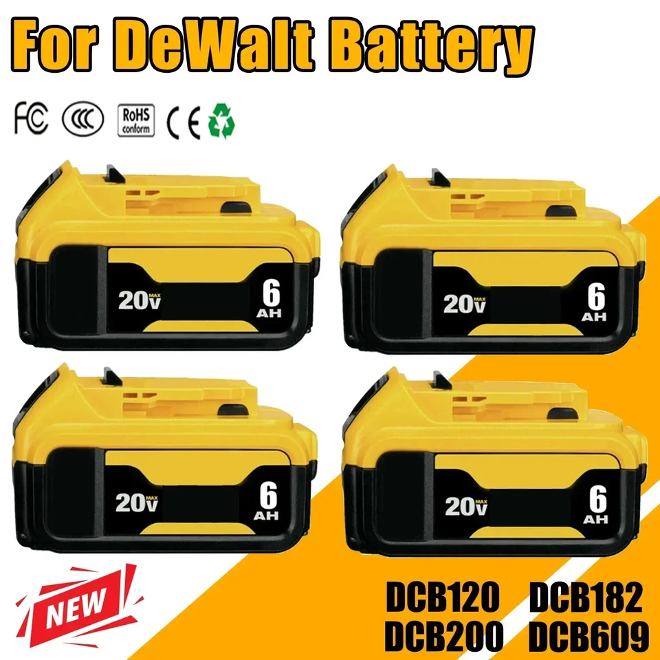 4packs 6000 mAh pre DeWalt DCB200 20V Výmena batérie kompatibilná s pre dewalt 20V náradie Battery LED Pracovné svetlá