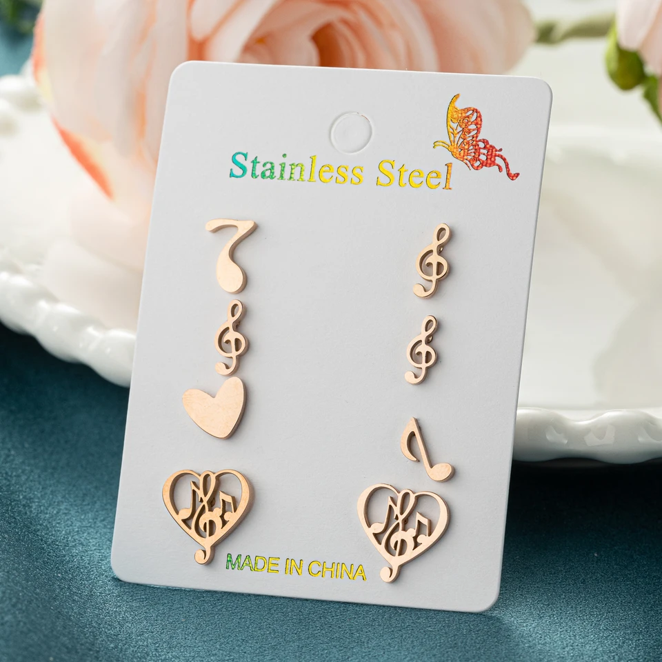 4Pairs/veľa vintage hudobnej poznámky Jednoduché náušnice pre ženy pre ženy ružové zlato z nehrdzavejúcej ocele uší piercing náušnice Darčeky