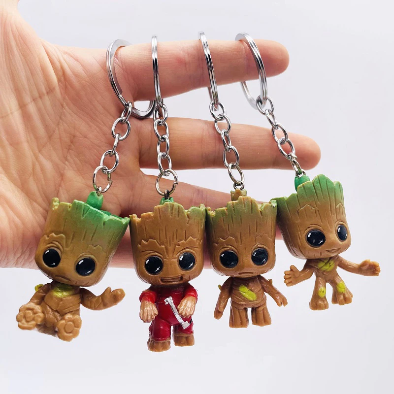 4PC Groot Keychain Set Anime figuár Key Ring Mini Home Decoration Zbierka figurínové deti hračky miniatúrne modely remeselnícke darčeky
