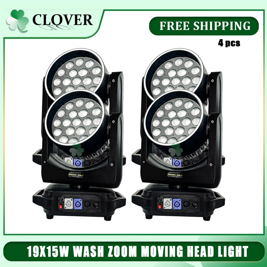 4pcs 19x15w Wash Moving Head Zoom LED lúč Light Professional Effects Lighting DMX 512 CONTORL pre svadbu DJ DISCO BAR