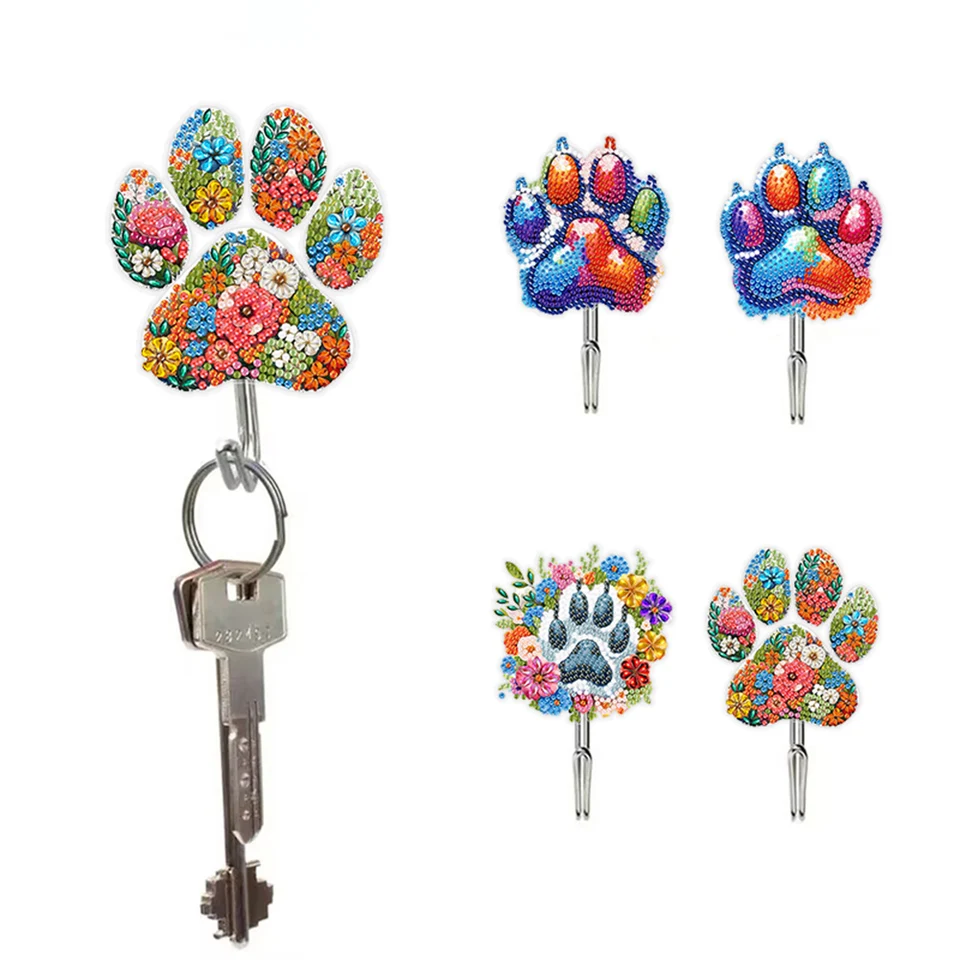 4pcs akrylový pes labka s kamienkami maľba kľúča hanger diamant umelecké remeselné nástenné háčiky diamantové maľba háčiky pre nástennú skrinku
