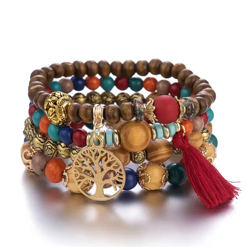 4PCS Bohemia Tree of Life kúzlo korálkový náramok pre ženy vyrábané ručne vyrábané drevené korálky retiazka Female Boho šperky doplnky