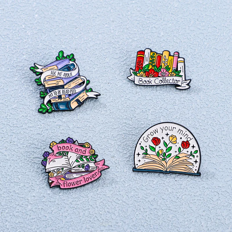 4PCS Cute Cartoon Book Flower Enamel Broot
