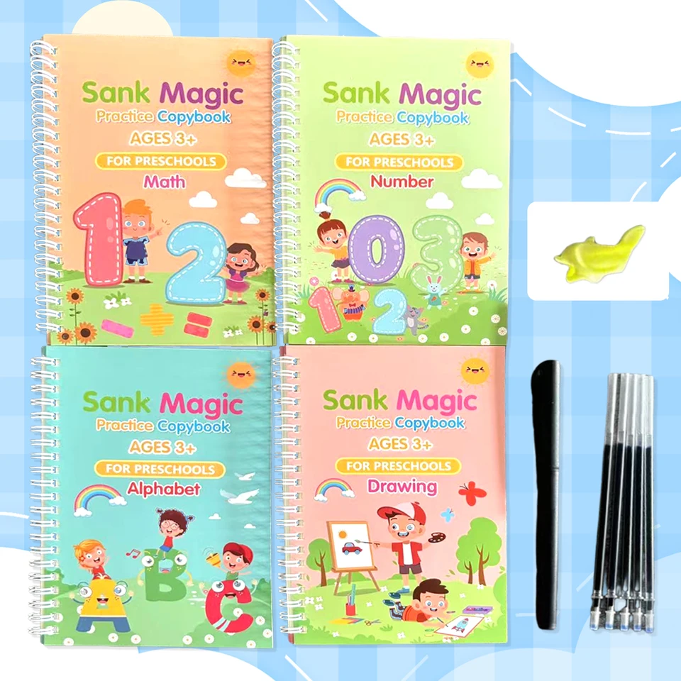 4pcs Detské číslo a abecedná prax kaligrafie Kniha Enlightenment Education Pen Control and Pen Training Písanie kníh