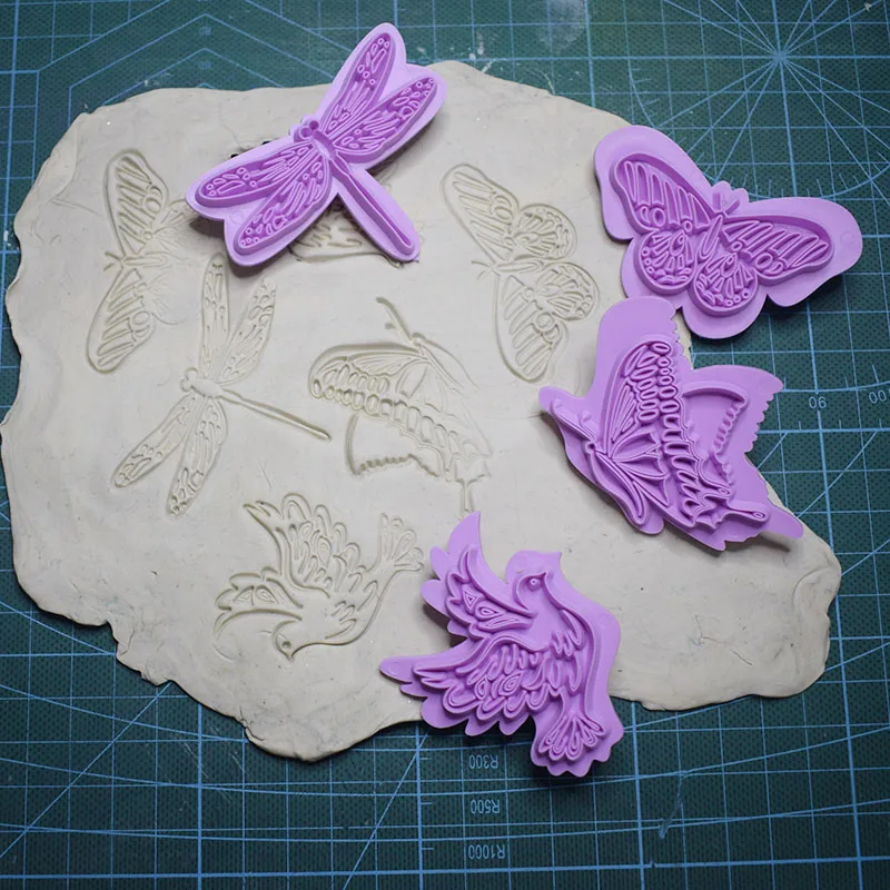 4pcs Dragonfly Butterfly Eagle Pattertery Tools Embosing Press Stamp DIY Polymér Clay šperky keramika Modelovanie textúra