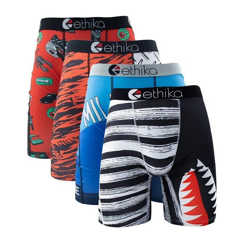 4PCS Ethika Fashion Sexy muži spodná bielizeň Šortky Hot Shark Tlačené nohavičky spodná bielizeň