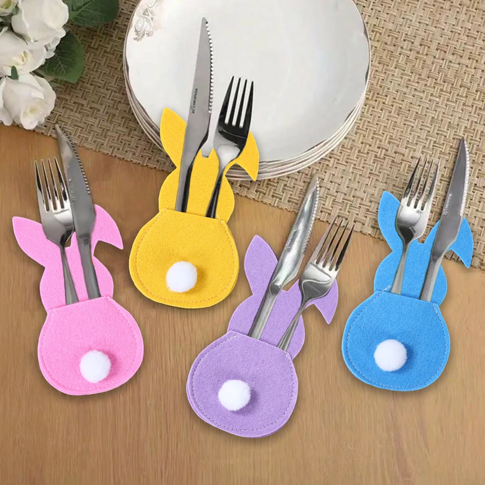 4PCS Felt Bunny Rabbit Knife Držitie Vidlice Vety Veľkonočné príbory Taška Slaver Spring Easter Festival Party Domáce stoly dekorácie