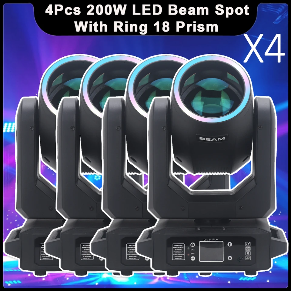 4pcs/lot Yuer LED pódium LIGHT 200 W lúč pohybujúca sa hlava Svetlo s prsteňom 18 Prism Rainbow Effect Lamp DMX DJ DISCO CLUB Vianoce bar