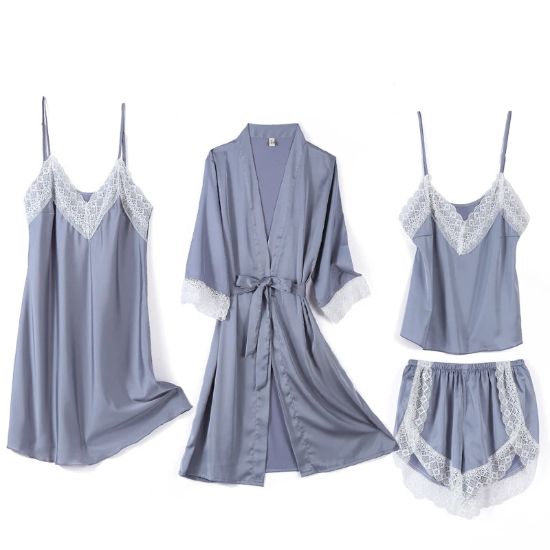 4pcs pyžamá sada dámske v krku v krku Sleee Wear Wear Pijama Domov Nightie Sexy Sexy s dlhým rukávom župan jarné plášť šaty