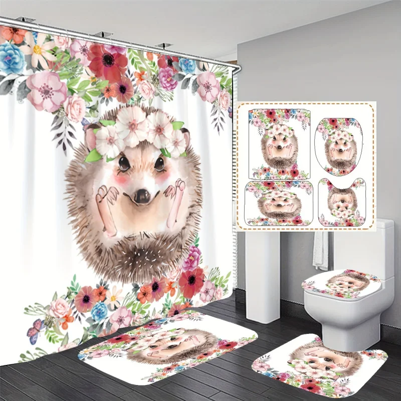 4pcs roztomilý hedgehog kvetinová sprcha súprava, kvetinová kúpeľňa s kúpeľňou, kryt veka toalety a koberec v tvare U, odolný