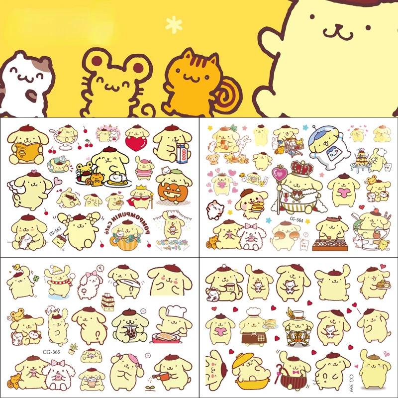 4pcs Sanrio Pom pom Purin Tattoo Stickers Dočasné tetovania pre deti narodeninové oslavy dodávky laskavosti tetovanie nálepky dekorácia