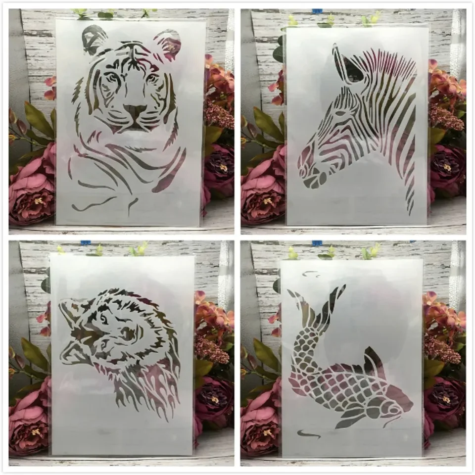 4pcs/set 29cm A4 Tiger Wolf Zebra Carp DIY vrstvenie šablóna maľba scrapbook sfarbenie Embosing Album Dekoratívna šablóna