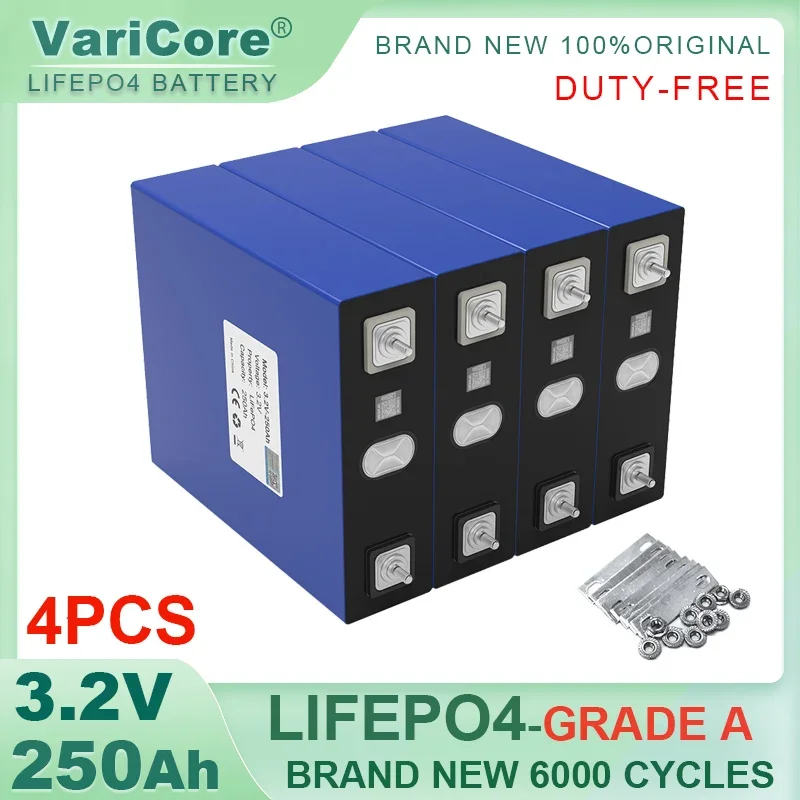 4pcs Varicore 3,2V 250AH LIFEPO4 batéria lítiumfosforečnan pre 4S 12V 24 V Inverterové kempery Golfový vozík terénny stupeň A