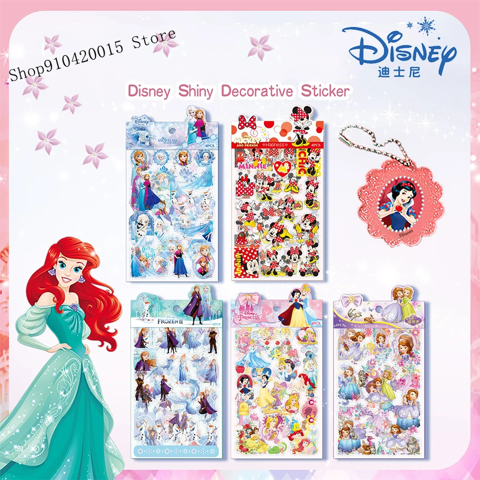 4Sheets Disney Holographic laser Dekoratívne nálepky Kawaii Princezná Mickey Mouse Nákladové album notebook notebook Nálepka kancelárskych potrieb