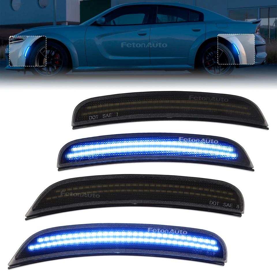 4x Blue Lights predný zadný nárazník Signály bočného ukazovateľa svetelného signálu pre Dodge Charger 2015-2023