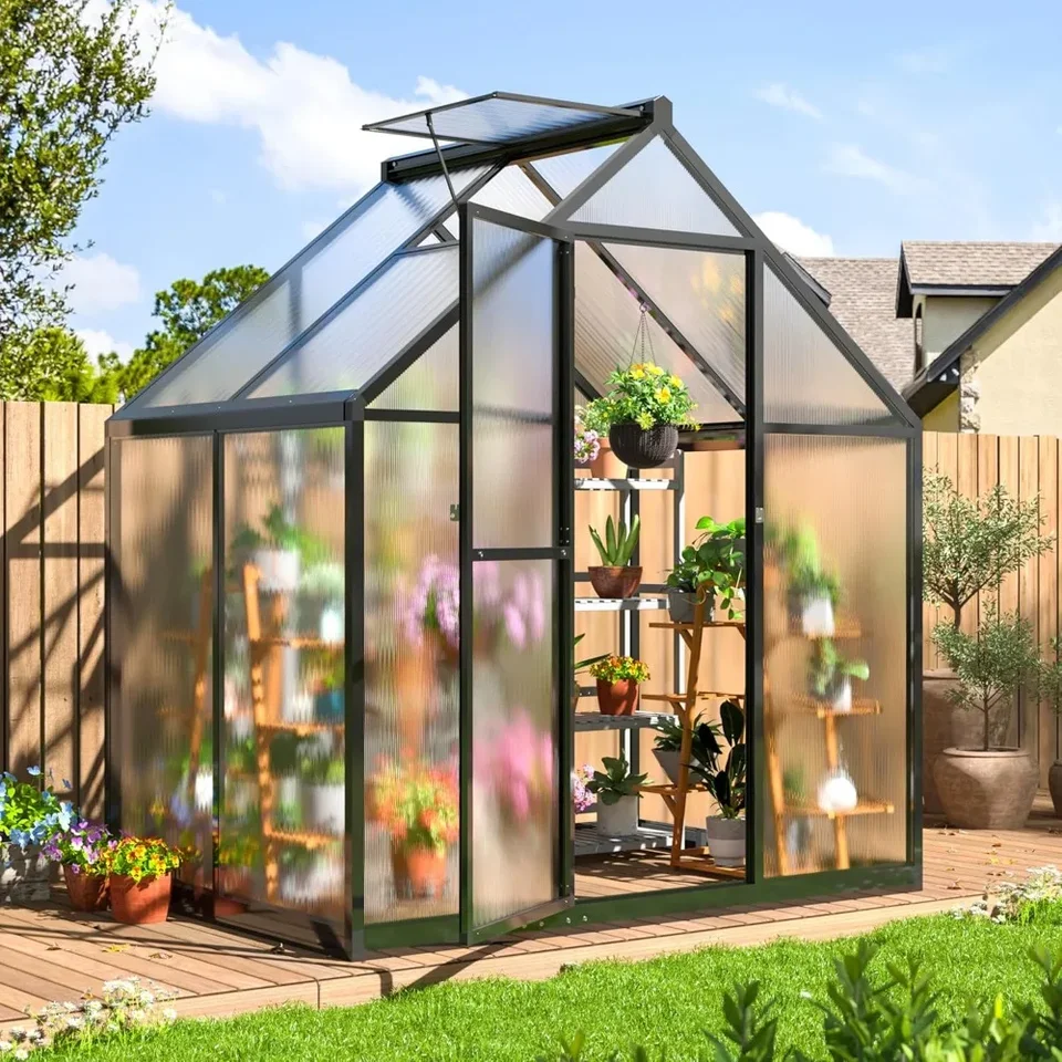 4x6 ft skleník pre vonku, polykarbonátový skleník s rýchlou štruktúrou nastavenia a strešným ventilom