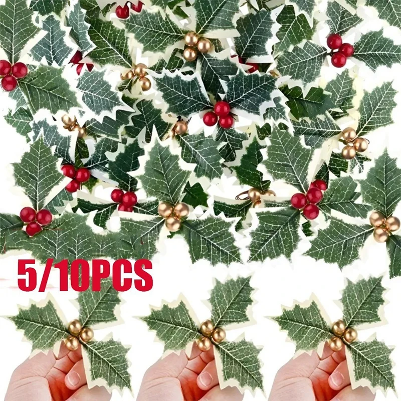 5/10/20ks vianočné bobule Holly s zelenými listami DIY VESTATE A Umelé falošné kvety Červené bobule dekor pre vianočné stromy Nový rok