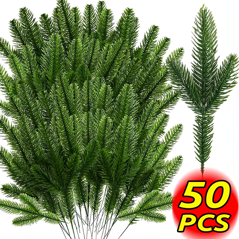 5-50ks vianočná ihla Pobočka Umelecký zelený snehový matný falošný rastliny Pine Vežetiak stonky DIY Venný domáci girlandský dekorácie