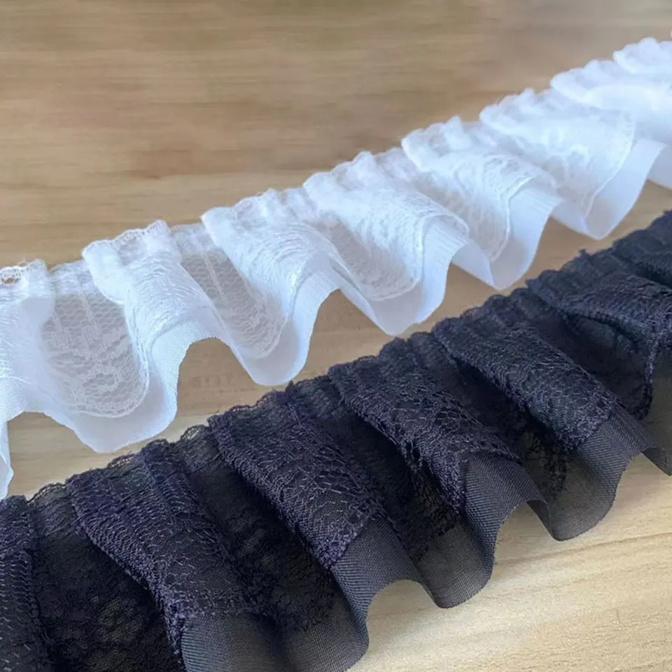 5 cm široký 100 cm dlhý čierny biely 3D skladaný šifón čipk