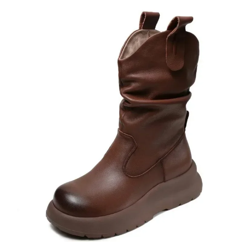 5 cm Ženy Originálne kožené stredné topánky Nová jesenná zima Warm Casual Nasplety na špičke na skladaných dizajnérskych platformách topánky