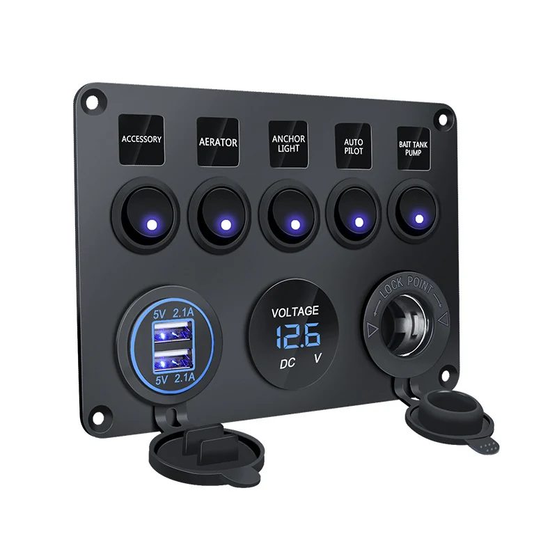 5 Gang Instrument Panel 12V Výtok na výkon 4.2a Dual USB nabíjačka LED digitálny voltmeter prepínač prepínača pre nákladné vozidlo Camper Van Marine