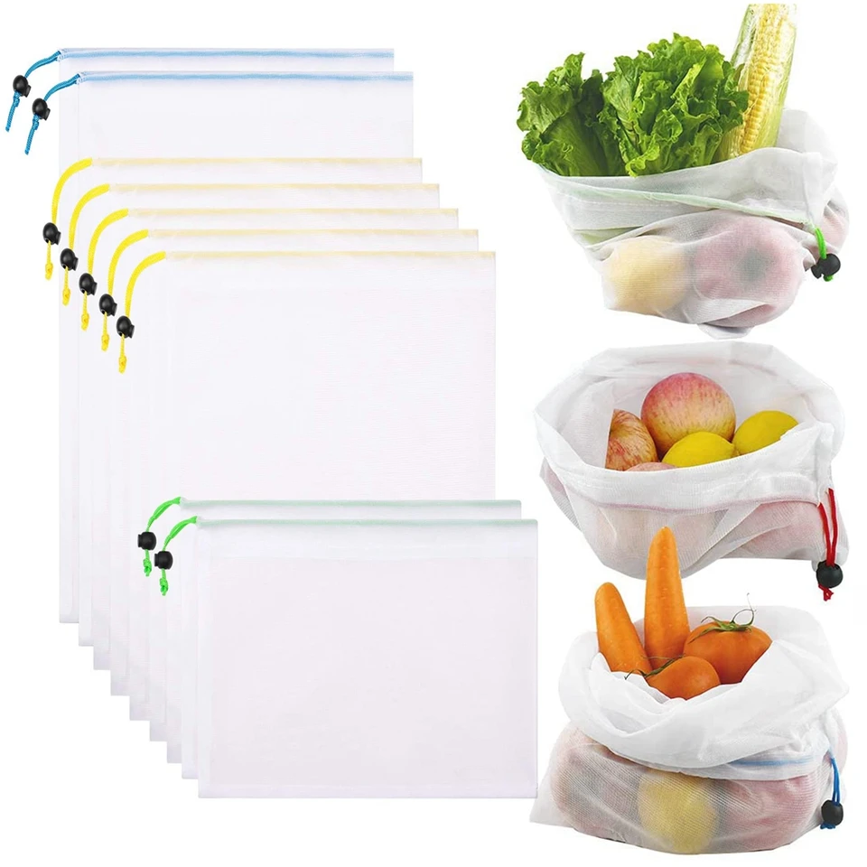 5 ks opakovane použiteľné nákupné tašky Ekologické sieťoviny Produce Bags Storage Storage Storage Washable Organizátor Organizátor pre rastlinné ovocie potraviny