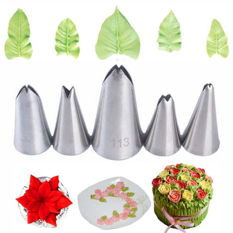 5 ks Set Leaf Tip z nehrdzavejúcej ocele Potrubné potrubie Tips Tip Tip Tip Tip pre náradie na zdobenie pečiva na pečenie pečiva