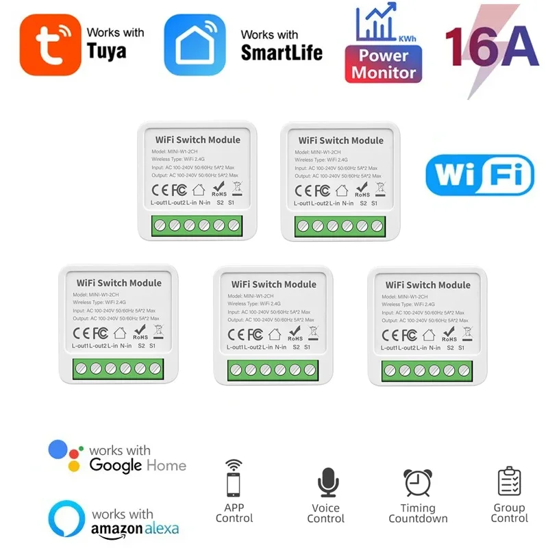 5 ks TUYA WIFI 16A Mini Power Monitor 2 Way Control Wall Switch Socket Socket Statistics Breaker pre ventilátor TV Stolová žiarovka