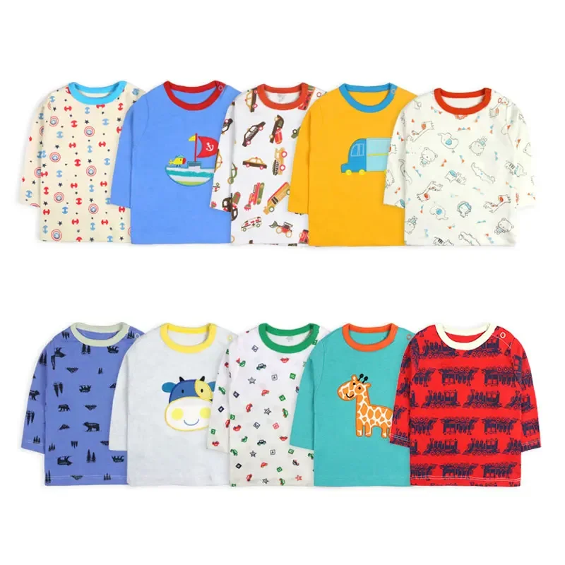 [5 ks/veľa náhodnej farby] Dievčatá dievča s dlhým rukávom Tričko Cartoon Tlač detského tričku O-Neck Tops Topy Tops Cotton Novorodenecké oblečenie