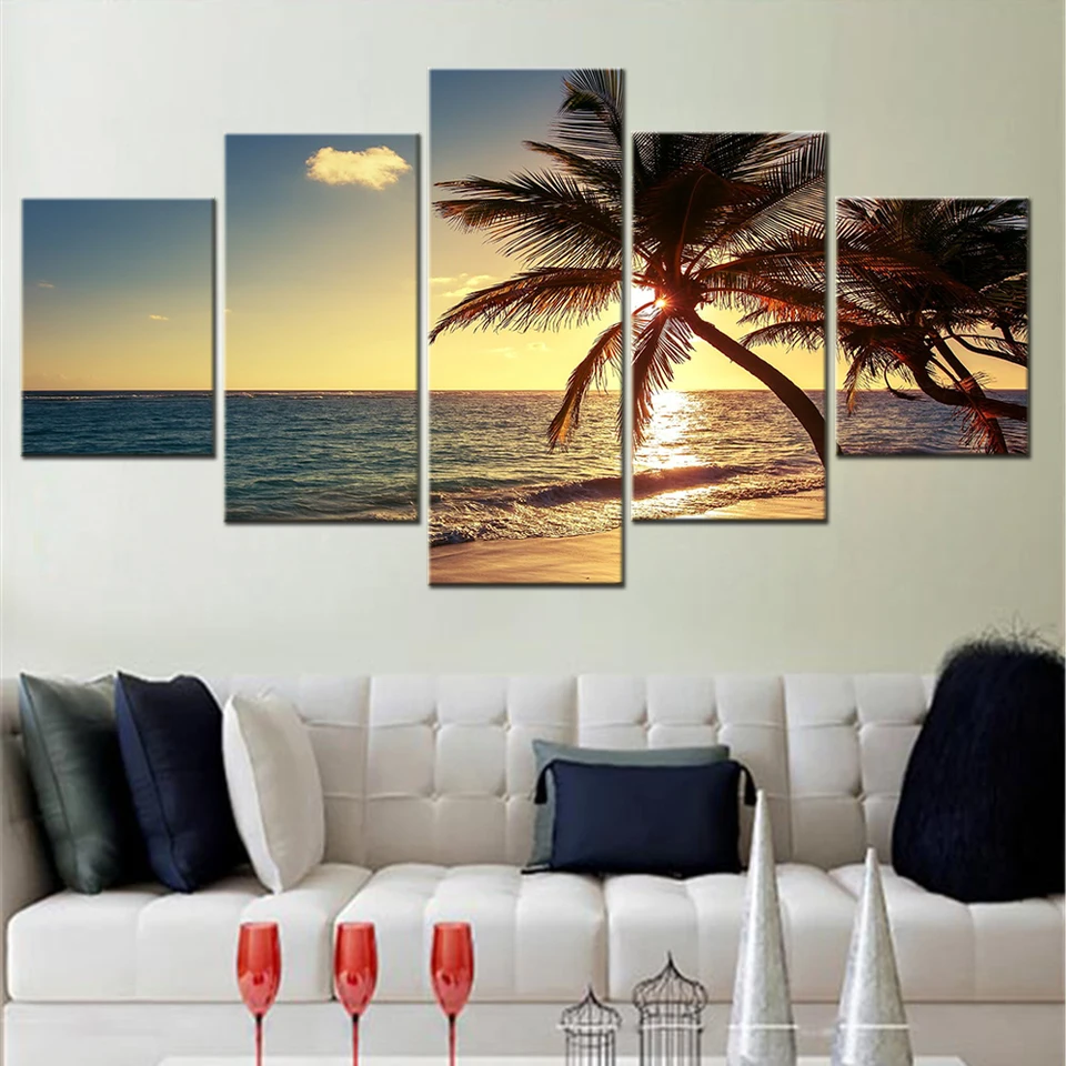 5 kusov Canvas Art Painting Mor Sunset Palms Palmy Krajina plagát Domáca dekorácia obývacia izba Wall Picture Print Spálňa nástenná maľba