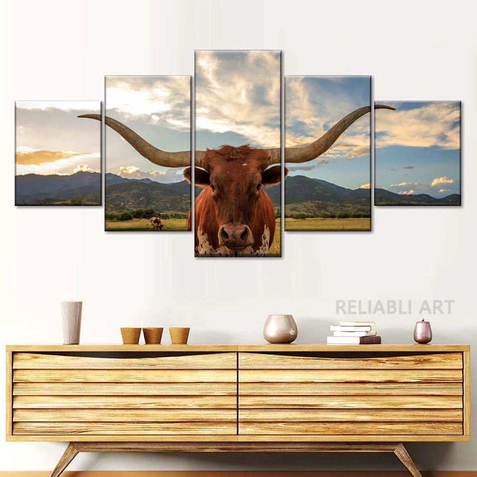5 kusov Mighty Longhorn Wall Art Bull Canvas Painting Animal Plagets and Prints for Obýva