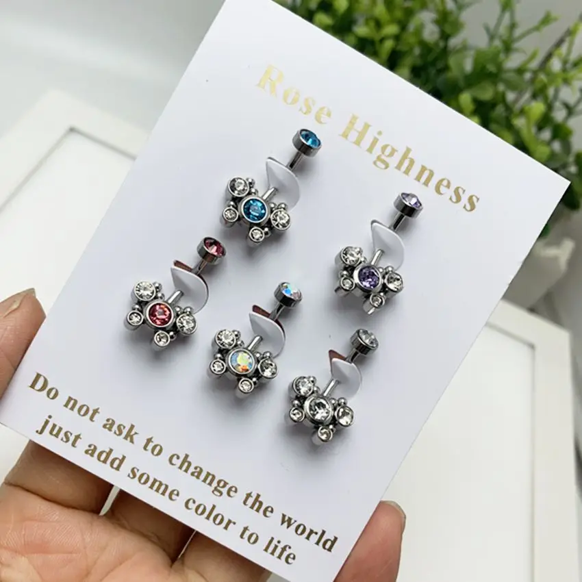 5 kusov nerezovej oceľovej tela piercing piercing Navel Ring Motýfly, kamenný sada Šumivé striebro, nezmizne