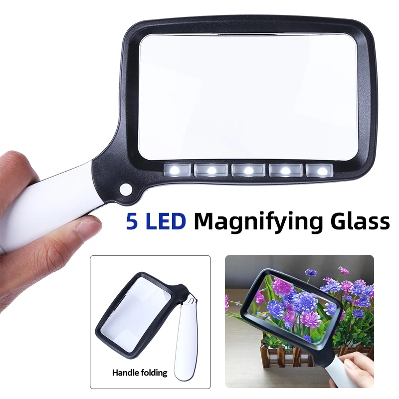 5 LED Zavlávňovacie sklenené svetlo 2 režimy Stlmiteľné skladacie čítanie Švnesček 2x Zväčšenie ruky Zväčšovač Seniors Detské knihy