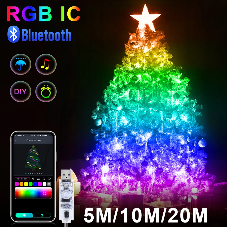 5 m 10m 20 m LED svetlo Girland USB USB Bluetooth Control Rgbic Fairy Lights Vianočné stromčeky LED strunové svetlá Svadobná dekorácia