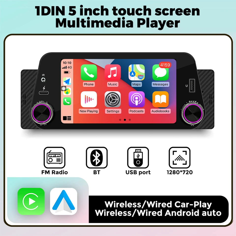 5 -palcový 1 DIN Universal HD Touch Screen Car Multimedia Radi Player Podporuje bezdrôtové/káblové CarPlay Android Auto USB BT FM SWC RCA
