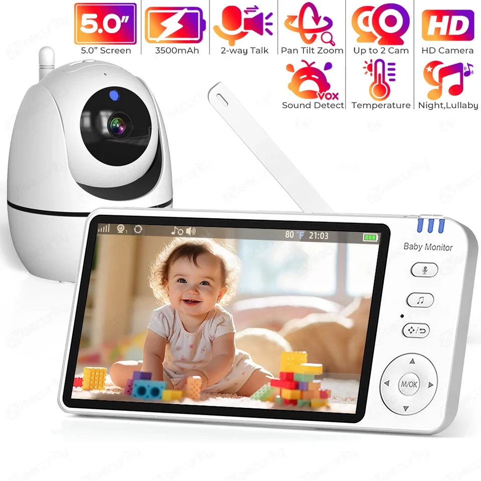 5-palcový elektronický detský monitor Pank Tilt Zoom Babyphone Fotoaparát s objemom zvukového nočného videnia Nanny Monitor Bebe Video Surveillance